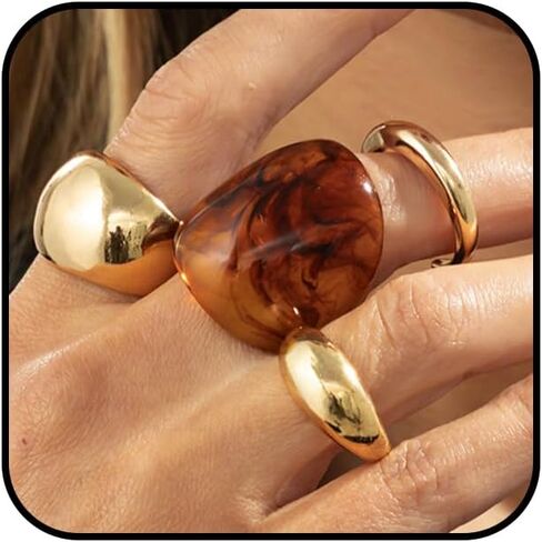 Vintage Statement Brown Resin Dome Chunky Gold Rings Stack for Women Trendy Funky Thick Huggie Open Knuckles Ring Set Non Tarnish Party Jewelry Gift in Saudi Arabia