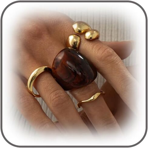 Vintage Statement Brown Resin Dome Chunky Gold Rings Stack for Women Trendy Funky Thick Huggie Open Knuckles Ring Set Non Tarnish Party Jewelry Gift in Saudi Arabia