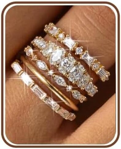 FUNRUN JEWELRY خواتم مطلية بالذهب عيار 14 قيراط للنساء، حلقات قابلة للتكديس غير قابلة للتلطيخ، مجموعة خواتم مفصلية أنيقة مكعبة الزركونيا، مجموعة خواتم مفصل الإبهام، بيان عصري، وعد الزفاف، حلقة التراص الرقيقة مقاس 5-10، 5 قطع in Kuwait
