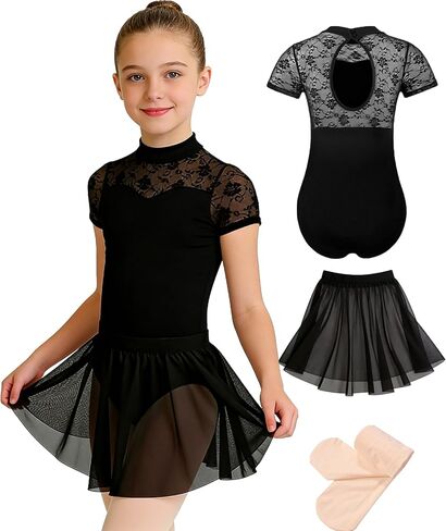 Black Leotard for Girls Lace Short Sleeve Dance Outfit with Skirt,Ballet Tights,Gymnastic Hair Scrunchies in Saudi Arabia