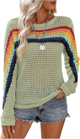 MakeMeChic Women's Crochet Sweater Rainbow Hollow Out Long Sleeve Knit Tops Fall Clothes in Saudi Arabia