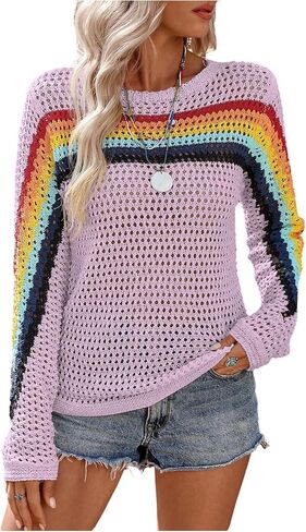 MakeMeChic Women's Crochet Sweater Rainbow Hollow Out Long Sleeve Knit Tops Fall Clothes in Saudi Arabia