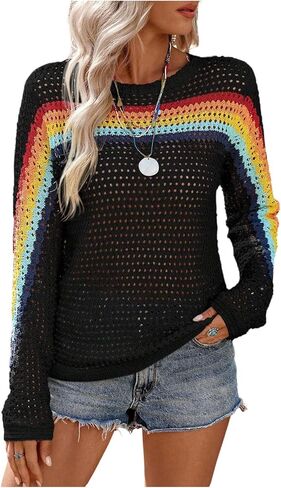 MakeMeChic Women's Crochet Sweater Rainbow Hollow Out Long Sleeve Knit Tops Fall Clothes in Saudi Arabia