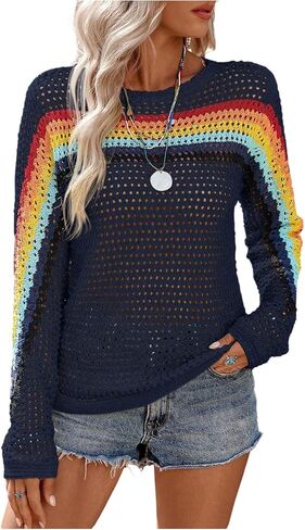 MakeMeChic Women's Crochet Sweater Rainbow Hollow Out Long Sleeve Knit Tops Fall Clothes in Saudi Arabia