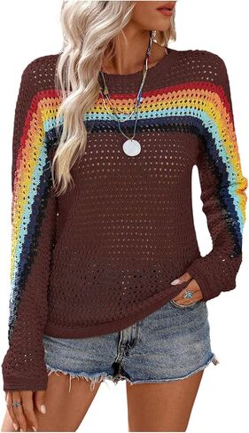 MakeMeChic Women's Crochet Sweater Rainbow Hollow Out Long Sleeve Knit Tops Fall Clothes in Saudi Arabia