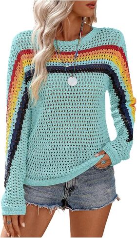 MakeMeChic Women's Crochet Sweater Rainbow Hollow Out Long Sleeve Knit Tops Fall Clothes in Saudi Arabia