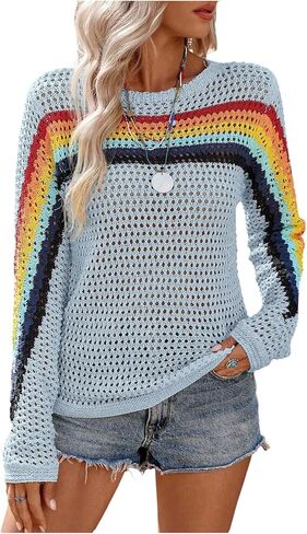 MakeMeChic Women's Crochet Sweater Rainbow Hollow Out Long Sleeve Knit Tops Fall Clothes in Saudi Arabia