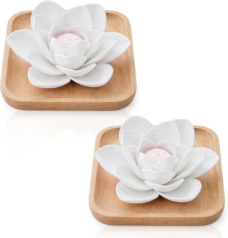 2 Pack Plaster Lotus Flower Essential Oil Passive Diffuser with Tray, Reedless Aromatherapy Home Fragrance Diffuser for Desk Decorative, Living Room, Spa Office(Wooden Base,Lotus,White) in Saudi Arabia