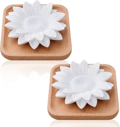 2 Pack Plaster Lotus Flower Essential Oil Passive Diffuser with Tray, Reedless Aromatherapy Home Fragrance Diffuser for Desk Decorative, Living Room, Spa Office(Wooden Base,Lotus,White) in Saudi Arabia