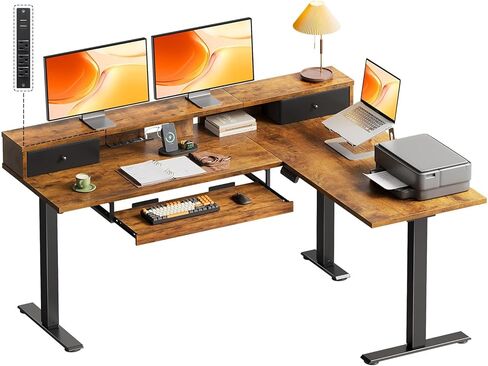 OffiGo 63 Inch Reversible L Shaped Electric Standing Desk, Height Adjustable Corner Stand up Desk, Ergonomic Large Lift Computer Table for Home, Office, Workstation, Black in Kuwait