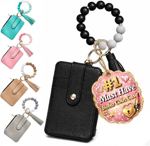 محفظة معصم KASAK للنساء محافظ سوداء صغيرة مع سلسلة مفاتيح بوهو مطرز بشرابة لمحفظة بطاقة الائتمان in Kuwait