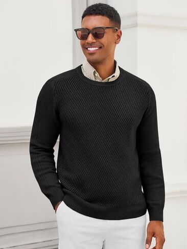 Runcati Mens Crewneck Sweater Slim Fit Casual Knit Lightweight Ribbed Pullover Fall Winter Textured Dress Sweaters in Saudi Arabia