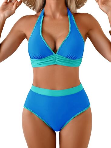 Womens Bikini Sets High Waisted Swimsuit Halter V Neck Shell Stitched Two Piece Bathing Suits in Saudi Arabia