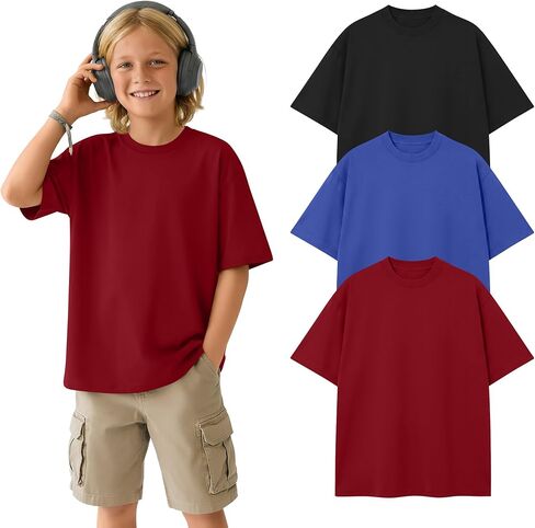 3 Pack Boy's Short Sleeve T-Shirts Kids Oversized Crewneck Top Unisex Basic Loose Fit Shirt Casual Soft Summer Tees in Saudi Arabia