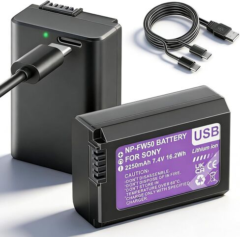 NP-FW50 Battery,ZV-E10 Battery 2 Pack,2250mAh a6400 Battery, npfw50 Battery USB-C Fast Charging for A7S II / A7R II/ZV-E10 A7, A7S, A7R, A6500, A6300, A5000, A5100, A6000, RX10-4330 in Kuwait