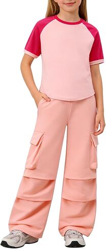 ملابس الفتيات مقاس 7-14 عامًا مكونة من قطعتين من السراويل الملونة ذات الأكمام القصيرة وملابس الربيع والصيف in Kuwait