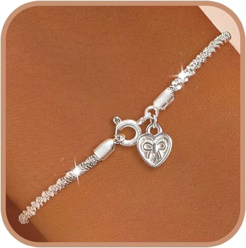 925 Sterling Silver Dainty Sparkling Bow Chain Bracelet for Women Mom Shiny Stackable Heart Bow Bracelets to Daughter Trendy Cute Link Charm Tennis Charm Bracelet Valentine's Day Wedding Jewelry Gifts in Saudi Arabia