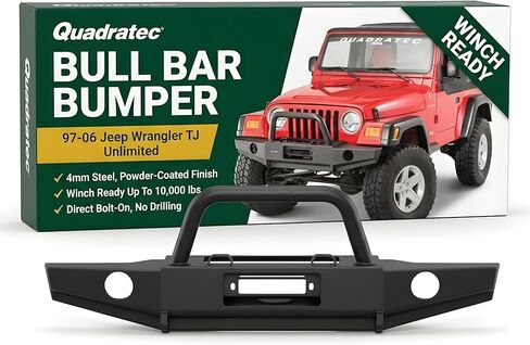 المصد الأمامي Quadratec مع شريط Hoop Bull، مع أحكام مصابيح الضباب - يناسب Jeep Wrangler 1997-2006 TJ وUnlimited - متوافق مع الونش - لمسة نهائية من مسحوق أسود محكم - واقي شبكي قابل للفصل in Saudi Arabia