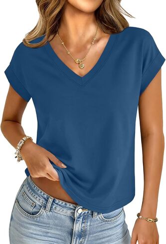 UNCLECAT Womens Crop Tops V Neck Cap Sleeve T Shirts Summer Basic Loose Fit Short Sleeves Tee Cute Trendy Clothes in Saudi Arabia