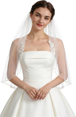 Womens 1 Tier Fingertip Length Veils Short Pearl and Flower Edge Wedding Bridal Veil With Comb in Saudi Arabia