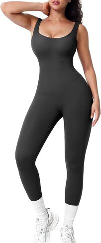 Popilush Grey Jumpsuits for Women Built-In Bra Square Neck Ribbed Bodycon Workout Seamless Leggings Rompers Bodysuits in Saudi Arabia