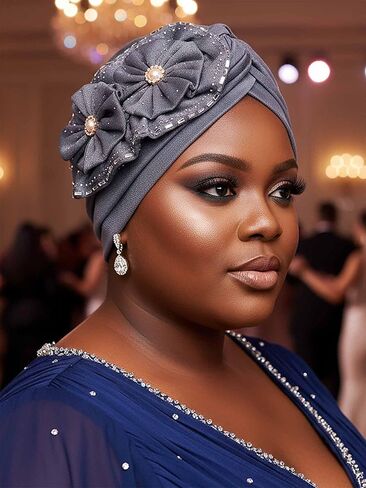 Woeoe Women Auto Gele Headwraps Gold Flower African Turban Pre Tied Beanie Caps Headwear in Saudi Arabia