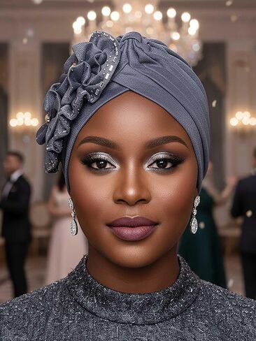 Woeoe Women Auto Gele Headwraps Gold Flower African Turban Pre Tied Beanie Caps Headwear in Saudi Arabia