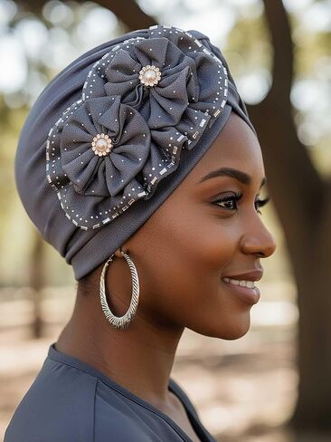 Woeoe Women Auto Gele Headwraps Gold Flower African Turban Pre Tied Beanie Caps Headwear in Saudi Arabia