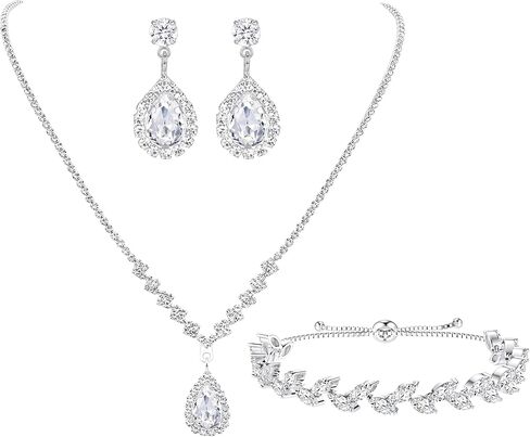 SAILIMUE Wedding Jewelry Sets for Brides Women - Silver Plated Rhinestone Crystal Necklace Bracelet Earrings Wedding Prom jewelry Set Bridal Bridesmaid Costume Accessories in Saudi Arabia