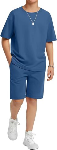 Boy's 2 Piece Outfits Set Summer Comfy Crewneck Oversized Short Sleeve Shirts Shorts Casual Clothing 5-14 Years in Kuwait