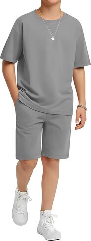 Boy's 2 Piece Outfits Set Summer Comfy Crewneck Oversized Short Sleeve Shirts Shorts Casual Clothing 5-14 Years in Kuwait