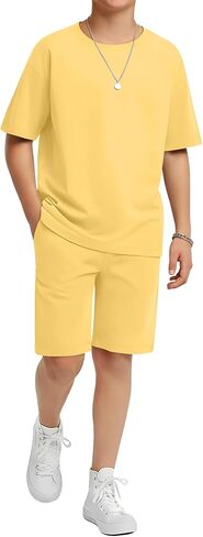Boy's 2 Piece Outfits Set Summer Comfy Crewneck Oversized Short Sleeve Shirts Shorts Casual Clothing 5-14 Years in Kuwait