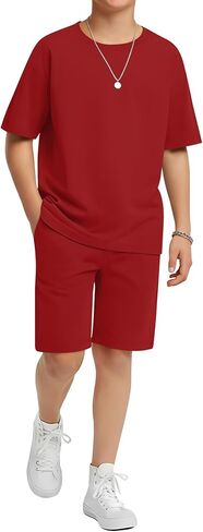 Boy's 2 Piece Outfits Set Summer Comfy Crewneck Oversized Short Sleeve Shirts Shorts Casual Clothing 5-14 Years in Kuwait