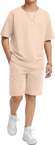Boy's 2 Piece Outfits Set Summer Comfy Crewneck Oversized Short Sleeve Shirts Shorts Casual Clothing 5-14 Years in Kuwait