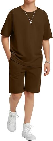 Boy's 2 Piece Outfits Set Summer Comfy Crewneck Oversized Short Sleeve Shirts Shorts Casual Clothing 5-14 Years in Kuwait