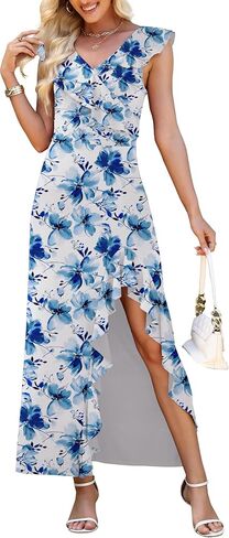 WEACZZY Women V Neck Sleeveless Casual Maxi Dress Petal Wrap Ruffle Backless High Slit Cocktail Party Long Dresses in Saudi Arabia