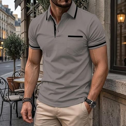 Men's Polo Shirts Short Sleeve Casual Button Up T Shirt Slim Fit Golf Shirts with Pocket in Saudi Arabia