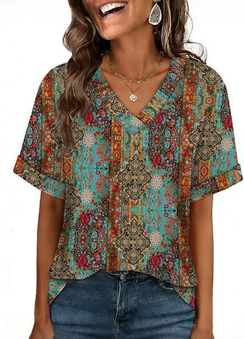 WIHOLL Womens Short Rolled Sleeve Shirts Oversized V Neck Tshirts Plus Size Summer Tops 2026 Dressy Casual Blouses S-4XL in Kuwait