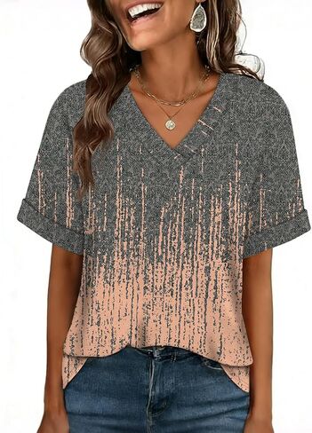 WIHOLL Womens Short Rolled Sleeve Shirts Oversized V Neck Tshirts Plus Size Summer Tops 2026 Dressy Casual Blouses S-4XL in Kuwait