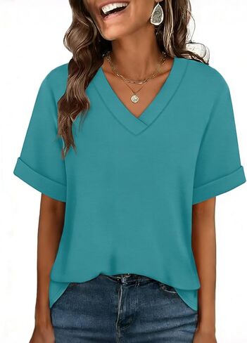 WIHOLL Womens Short Rolled Sleeve Shirts Oversized V Neck Tshirts Plus Size Summer Tops 2026 Dressy Casual Blouses S-4XL in Kuwait
