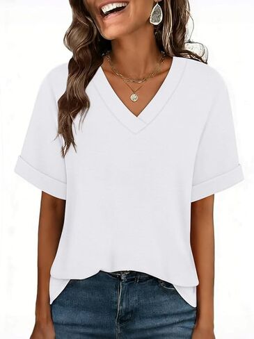 WIHOLL Womens Short Rolled Sleeve Shirts Oversized V Neck Tshirts Plus Size Summer Tops 2026 Dressy Casual Blouses S-4XL in Kuwait