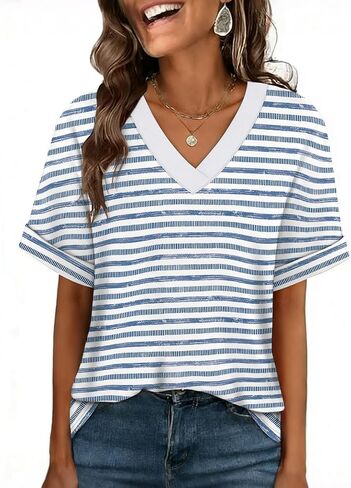 WIHOLL Womens Short Rolled Sleeve Shirts Oversized V Neck Tshirts Plus Size Summer Tops 2026 Dressy Casual Blouses S-4XL in Kuwait