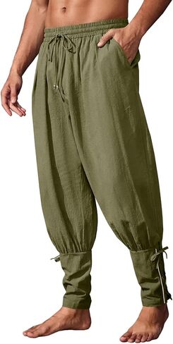 Runcati Mens Medieval Ankle Banded Pants Pirate Renaissance Viking Navigator Pants Lace Up Cotton Halloween Costume Trousers in Saudi Arabia
