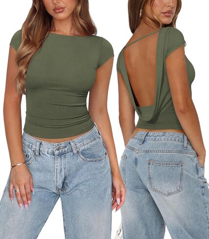 Womens Open Back Tops for Women Trendy Backless Shirt Short Sleeve Slim Fit Going Out Top Y2k Basic Clothes in Saudi Arabia