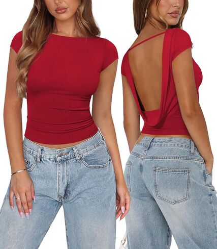 Womens Open Back Tops for Women Trendy Backless Shirt Short Sleeve Slim Fit Going Out Top Y2k Basic Clothes in Saudi Arabia