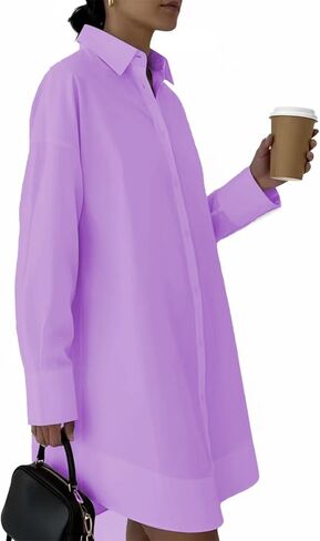 Women's Button Down Dress-Long Sleeve Shirt Dress Business Casual Office Outfits Slim Fit V Neck Midi Tunic Dress (No Pocket) in Kuwait