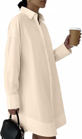 Women's Button Down Dress-Long Sleeve Shirt Dress Business Casual Office Outfits Slim Fit V Neck Midi Tunic Dress (No Pocket) in Kuwait