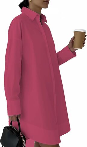 Women's Button Down Dress-Long Sleeve Shirt Dress Business Casual Office Outfits Slim Fit V Neck Midi Tunic Dress (No Pocket) in Kuwait