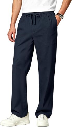 Mens Linen Pants Casual Elastic Waist Drawstring Pants Loose Straight Linen Pant Beach Trousers with 4 Pockets in Saudi Arabia
