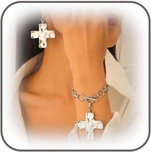 Chunky Gold Large Hammered Cross Dangle Earrings Bracelets for Women Trendy, Statement Thick Big Silver Cross Earring Bracelet Vintage Faith Jewelry Set in Saudi Arabia